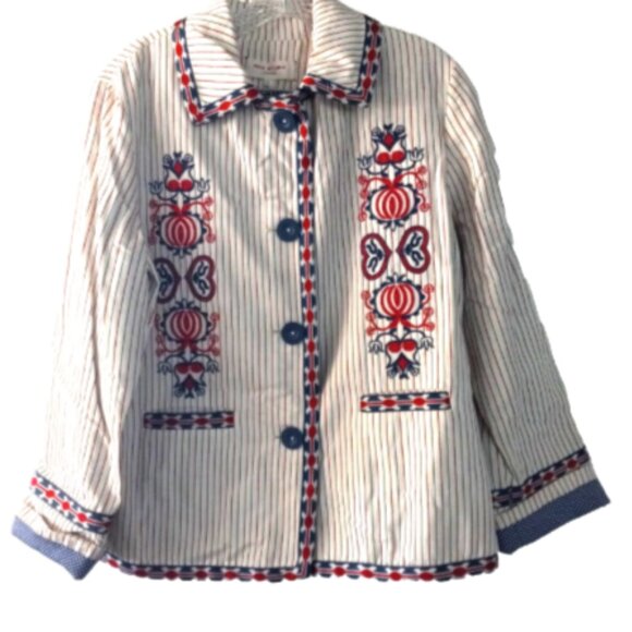 Max Studio London Natalie Jacket Women’s Size L Blue Red Cream Embroidered Dots - Picture 5 of 16